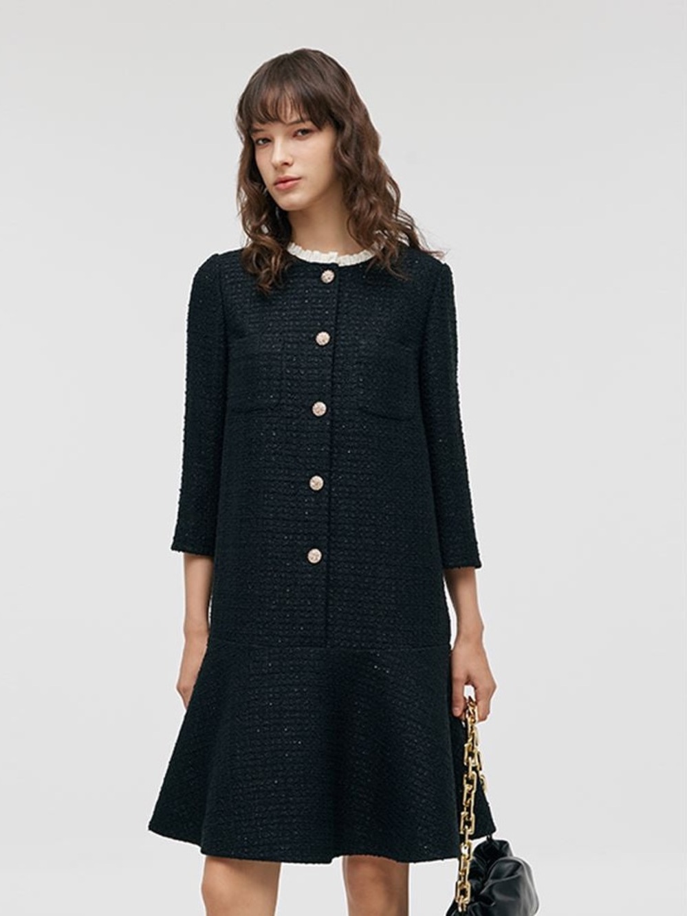 Goelia Tweed A-Line Ruffle Collared Women Midi Dress
